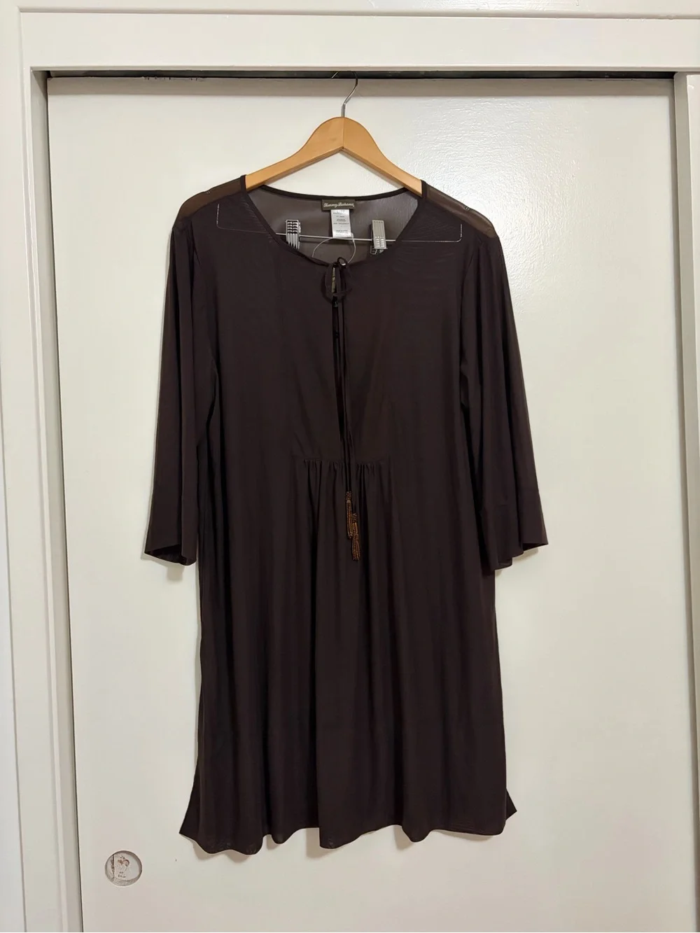 Tommy Bahama New Tule Long-Sleeve Tie-Front Swimsuit Cover In Double Chocolate - Picture 2 of 5